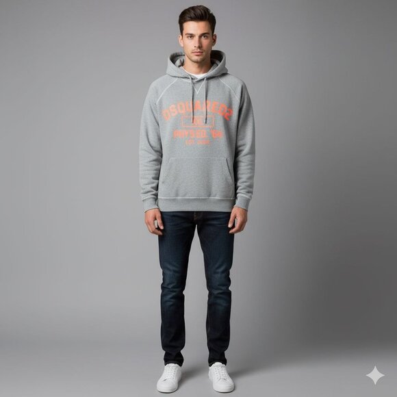 DSquared2 Gray Varsity Logo Phys Ed. '64 Hooded Pullover Sweatshirt Men's Medium - Picture 4 of 12